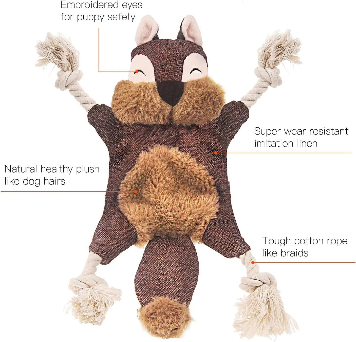 Brown plush fox dog toy with embroidered eyes, cotton rope limbs, and a squeaker in its head.