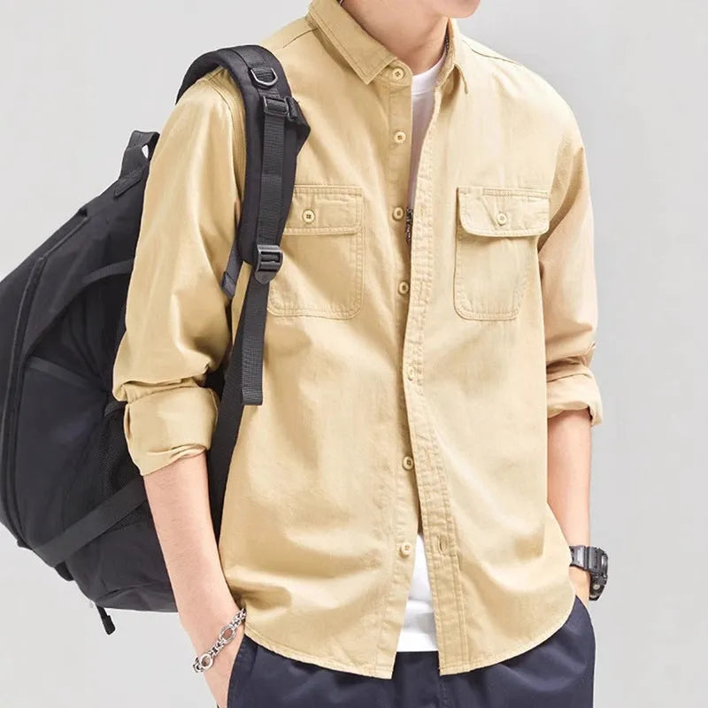 Men's loose fit long sleeve cardigan shirt in light gray, black, khaki, and green polyester fabric