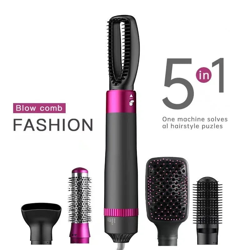 Dyson grey 5-in-1 hair dryer brush styling tool with multiple brush attachments on white background