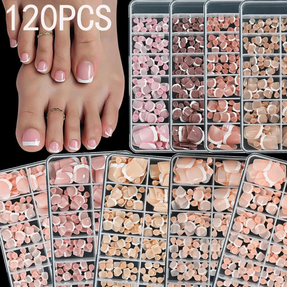 120 piece French white edge false toe nails in nude colours, full square short shape.