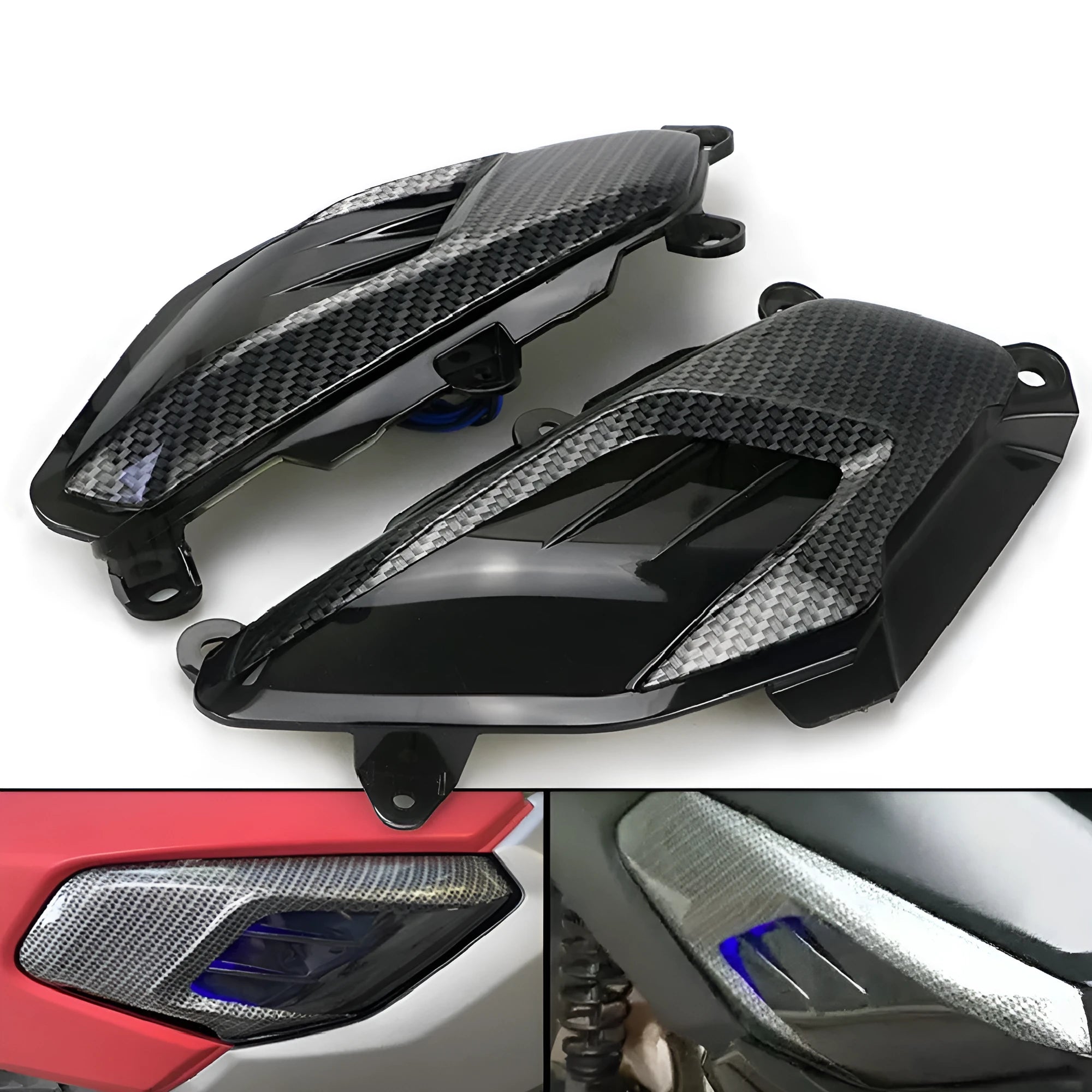 Pair of Yamaha NMAX LED side lamps with carbon fibre decoration, showing blue and red illumination options.