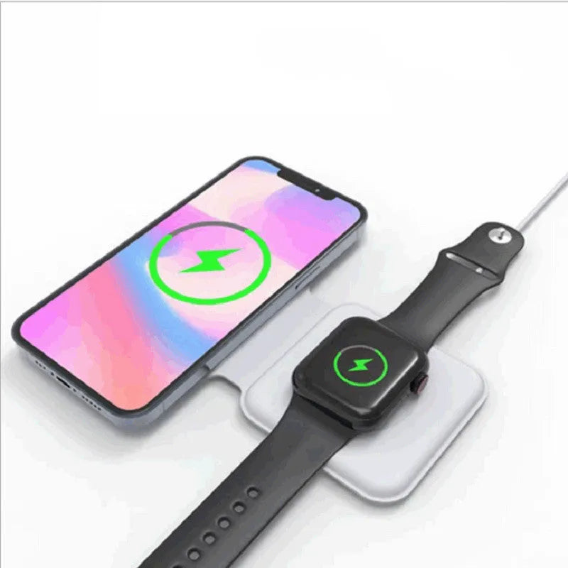 White foldable magnetic wireless charger showing dual charging surfaces and adjustable stand