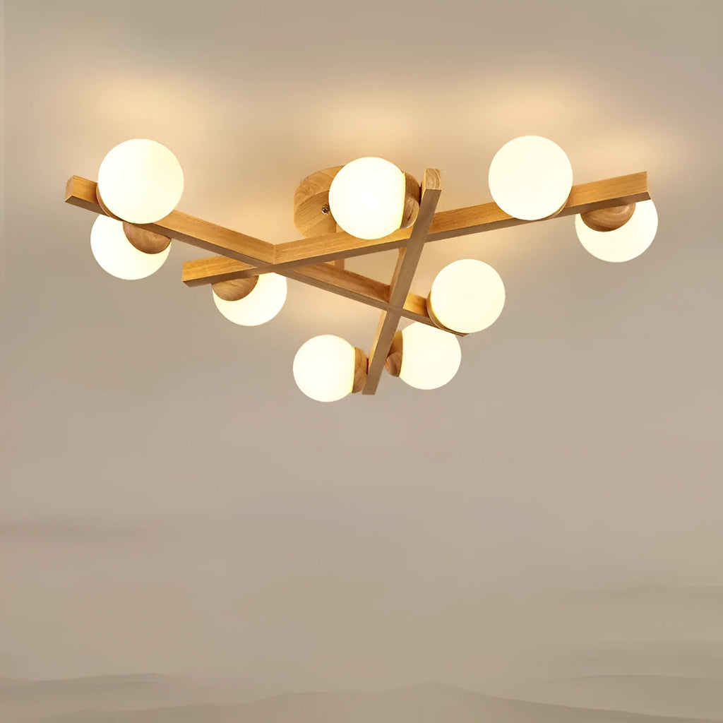 Nordic style wooden ceiling lamp with three light heads emitting neutral colour illumination