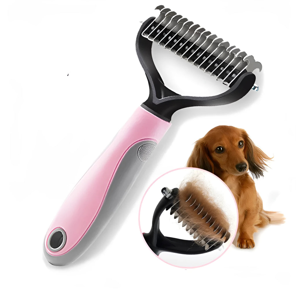 Pet long-haired dog knot comb with double-sided blade in blue colour, small size, with stainless steel needles and TPR handle