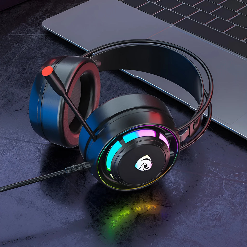 Black wired computer gaming headphones with microphone showing over-ear design and coiled cable