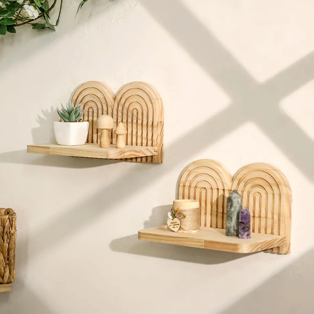 Multi-layer solid wood wall flower pot storage rack hanging on a white wall with indoor plants