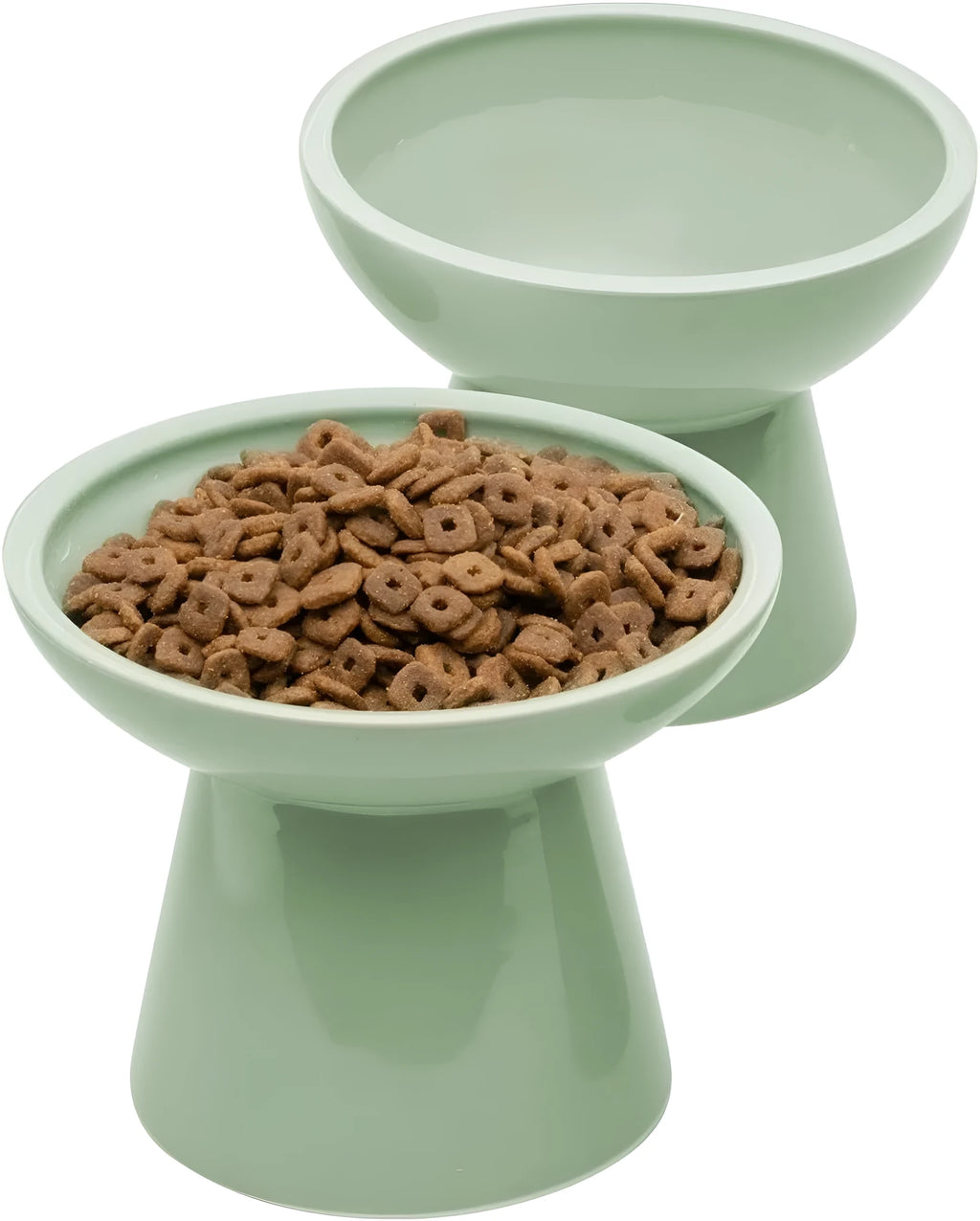 Ceramic elevated cat food bowl in blue, green, pink or white with wide shallow design