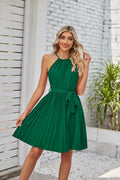 Women's black halter neck strapless sundress with pleated chiffon skirt and adjustable waist belt