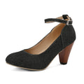 Women's denim fabric high heel platform shoes with buckle, round toe, solid blue colour