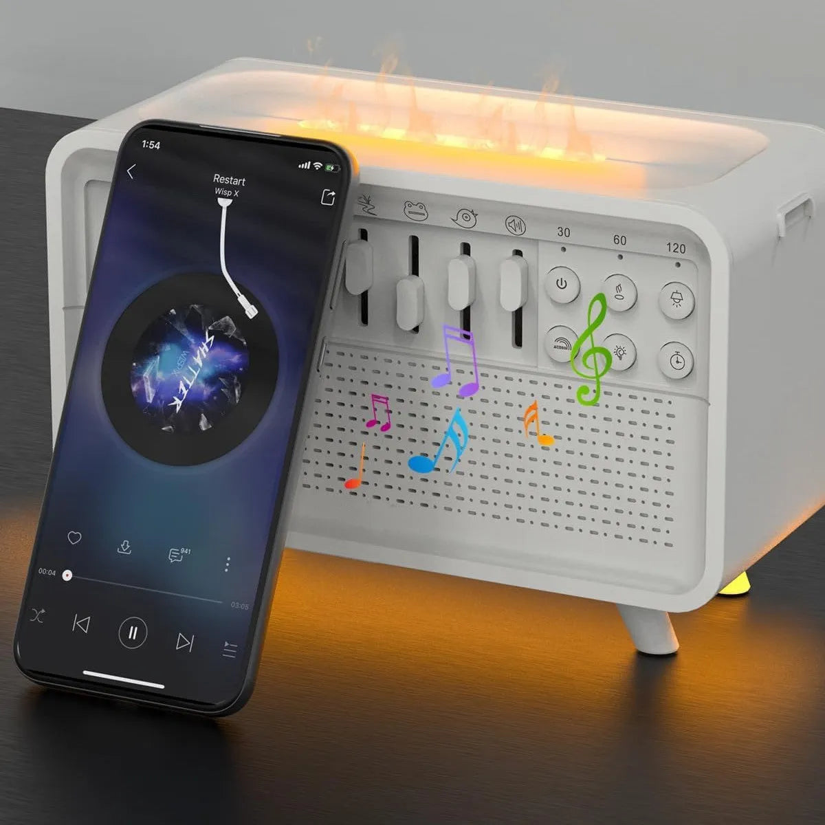 3-in-1 Bluetooth speaker humidifier night light in white with USB, 200mm x 90mm x 130mm geometric stereo design