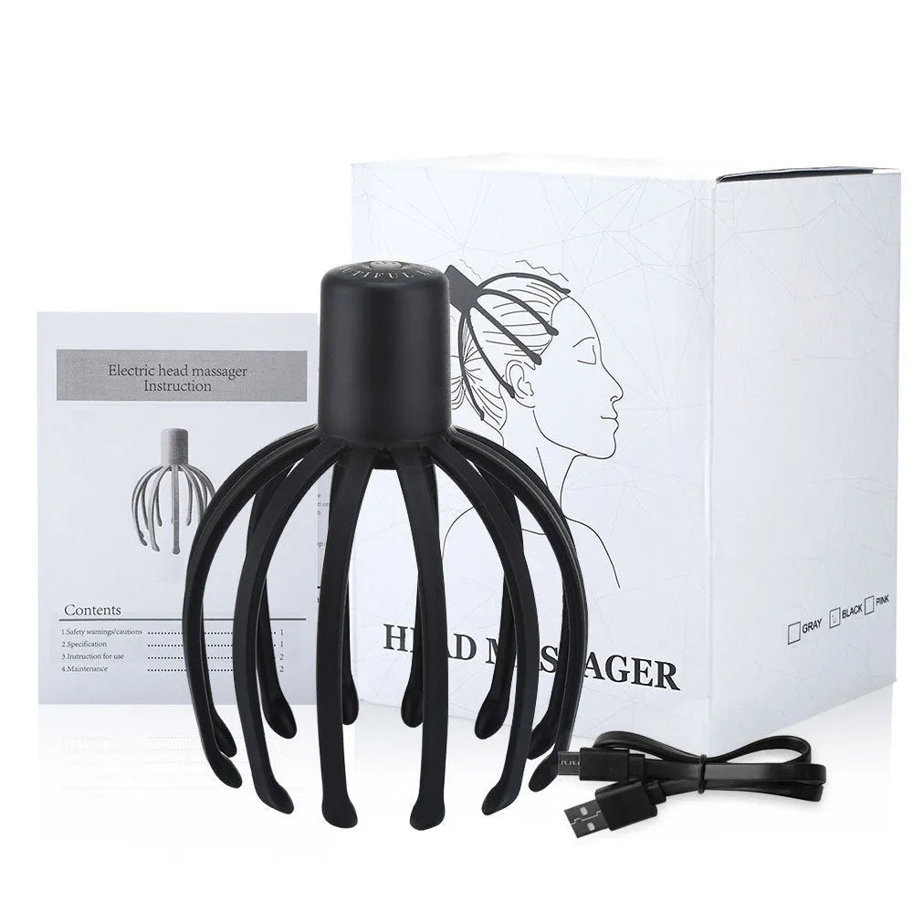 Black electric scalp massager with TPE 3D massage arms and USB charging cable