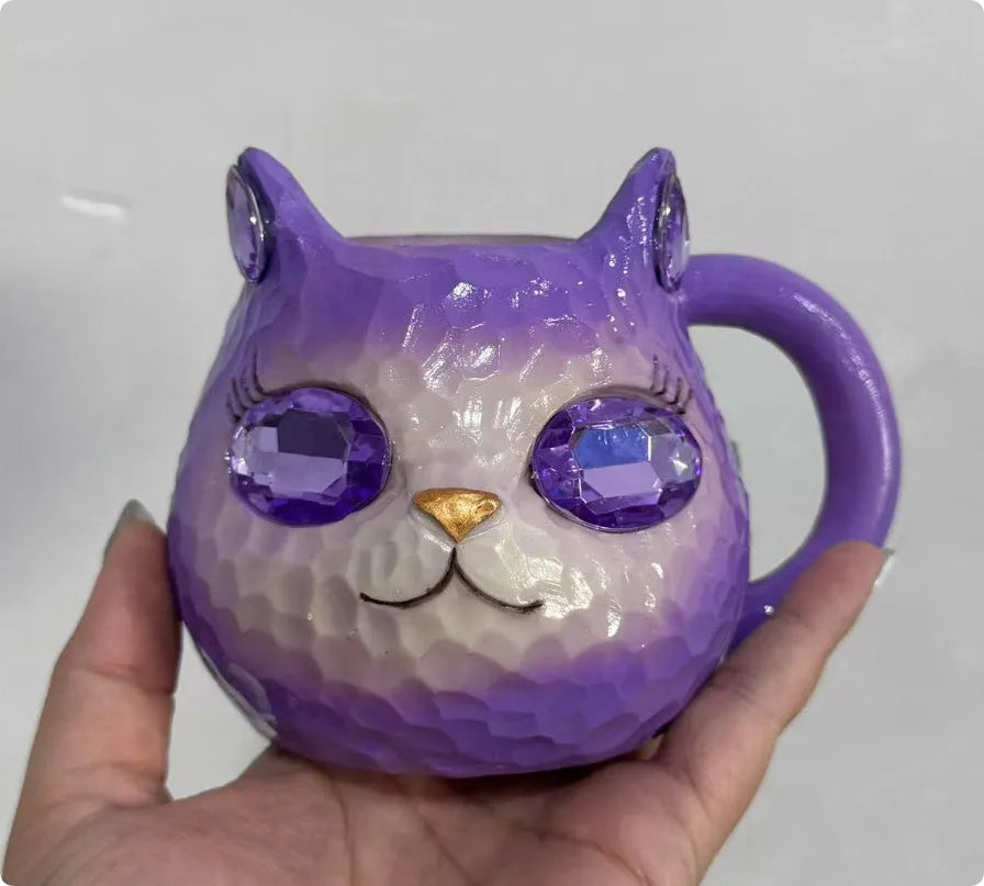 Handmade resin cat craft cup with hand-painted detailing in blue, green, pink, or purple.