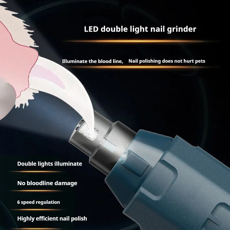 Dark blue pet 6-speed nail grinding device with LED light and fine grinding head on a white background