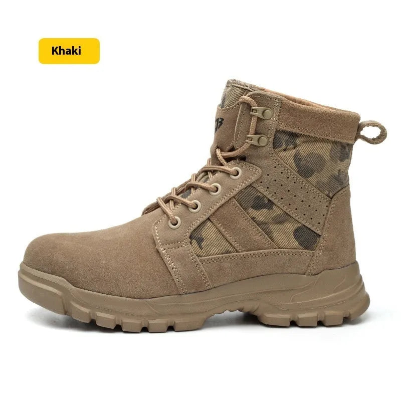 Khaki steel toe cap combat boots with suede upper and round head, laced up on a white background