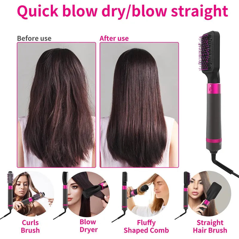 Dyson grey 5-in-1 hair dryer brush styling tool with multiple brush attachments on white background