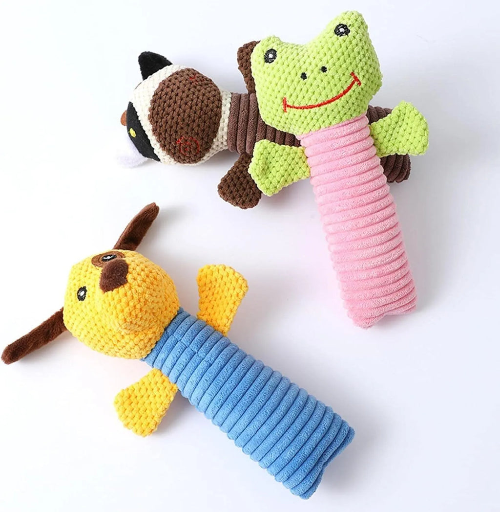 Squeaky plush dog chew toy in animal shapes for dental cleaning and teething relief