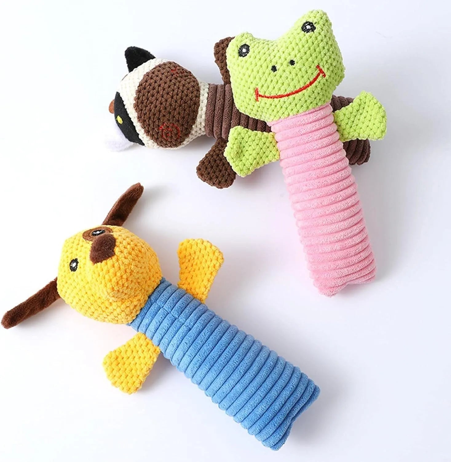 Squeaky plush dog chew toy in animal shapes for dental cleaning and teething relief