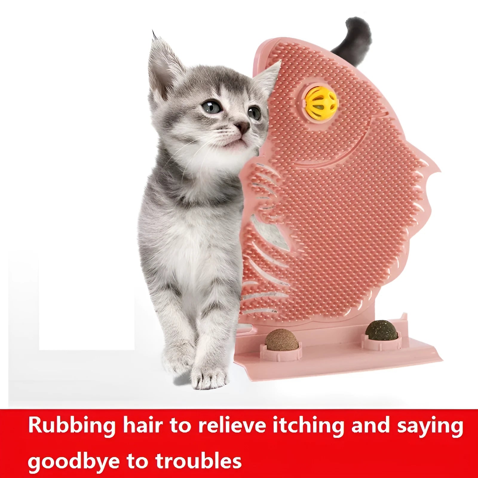 Blue fish-shaped cat wall scratcher with self-grooming brush and two green catnip balls on a base