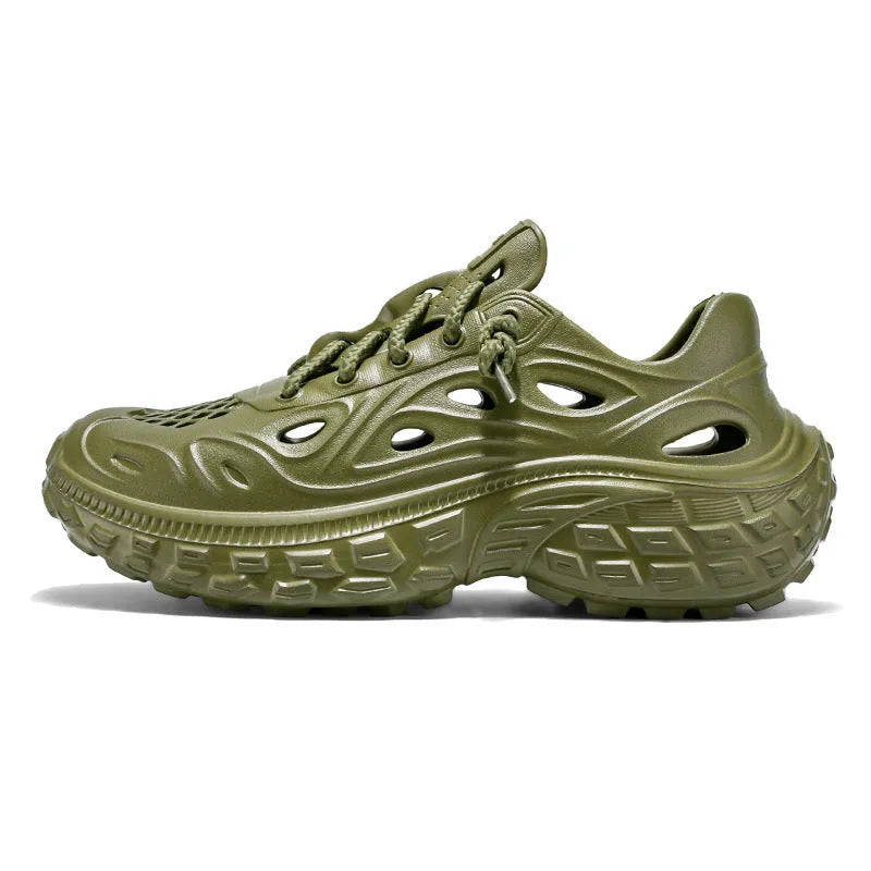 Men's thick-soled non-slip EVA sandals with covered heel and hollow-out upper in army green colour