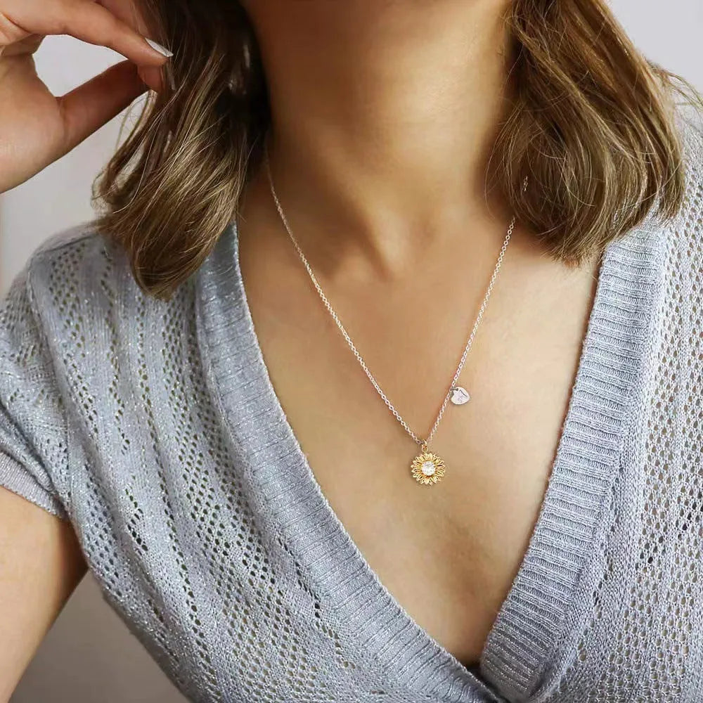 Geometric sunflower necklace with daisy petals on 925 silver adjustable cross chain