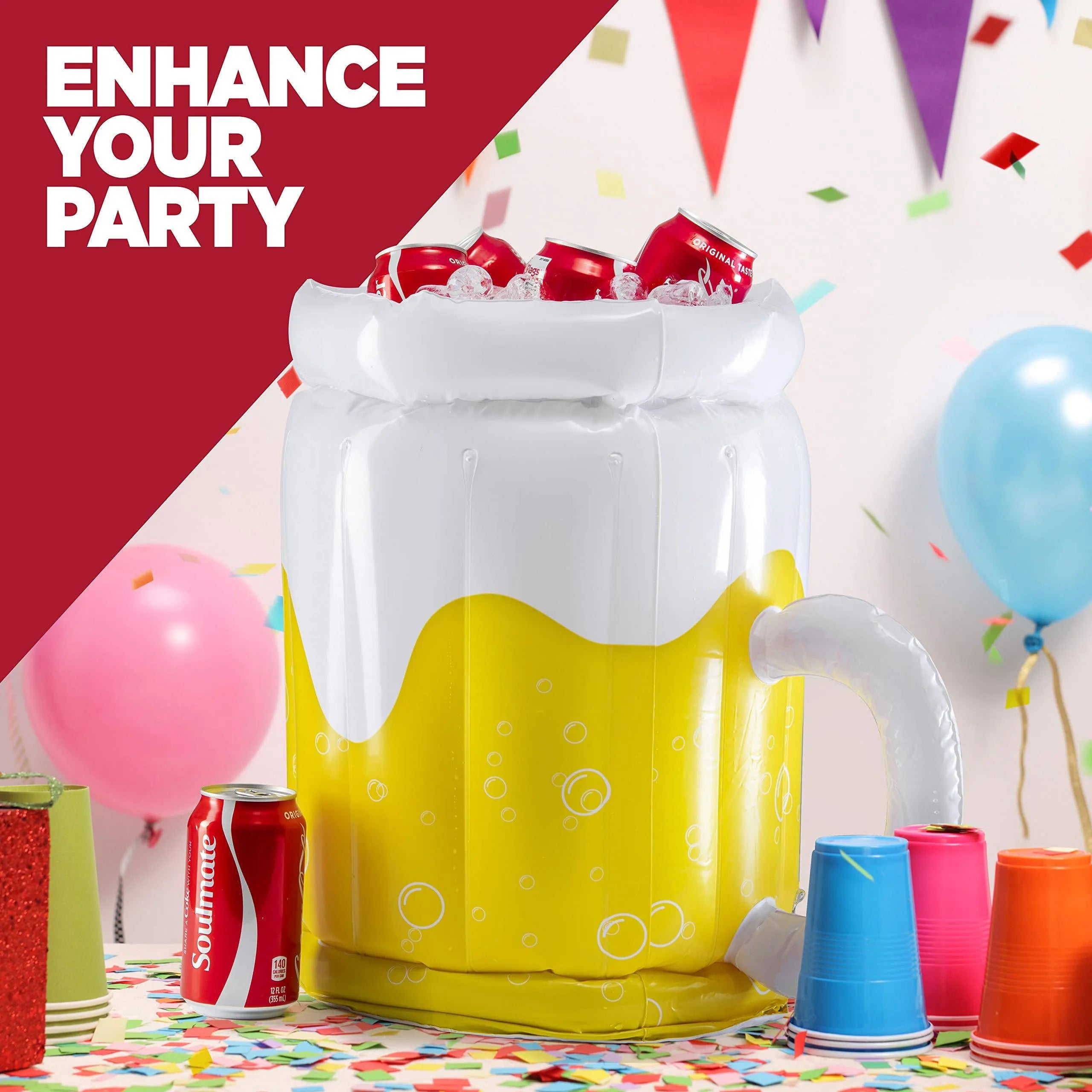 Yellow inflatable beer mug shaped cooler float with drink holders in a swimming pool