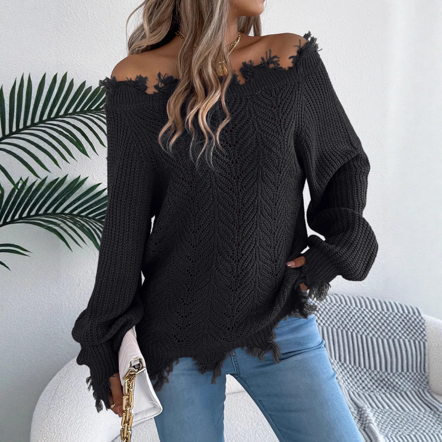 White cut-off-shoulder pullover sweater with hollow-out design and long sleeves