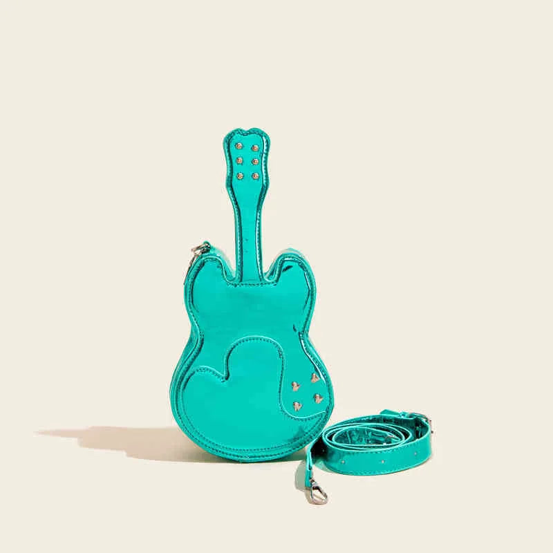 Guitar-shaped creative arts crossbody shoulder bag in available colours