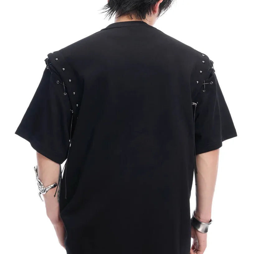 Black short sleeve cotton blend T-shirt with a lace-up cutout design detail on the front.