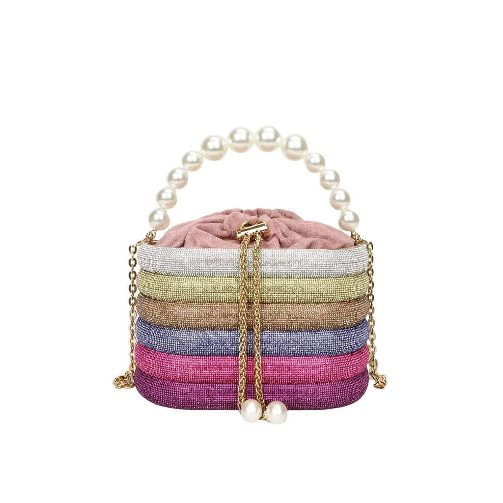 Round women's crossbody handbag with beaded pearl embellishments and European retro styling in multiple colour options