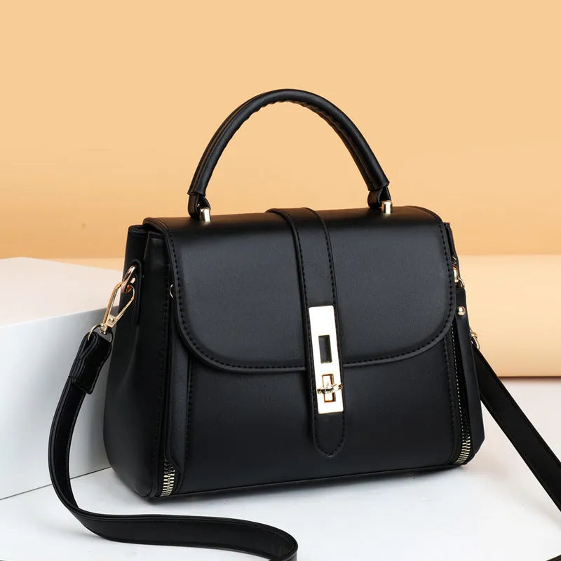 Women's soft PU leather messenger bag in square vertical design, shown in one of four colours: black, red, green, or blue.