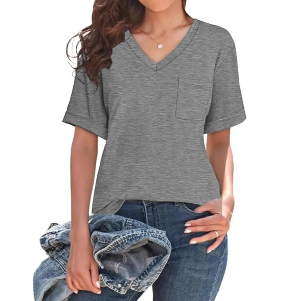 Grey loose fit men's V-neck T-shirt with chest pocket on short sleeves