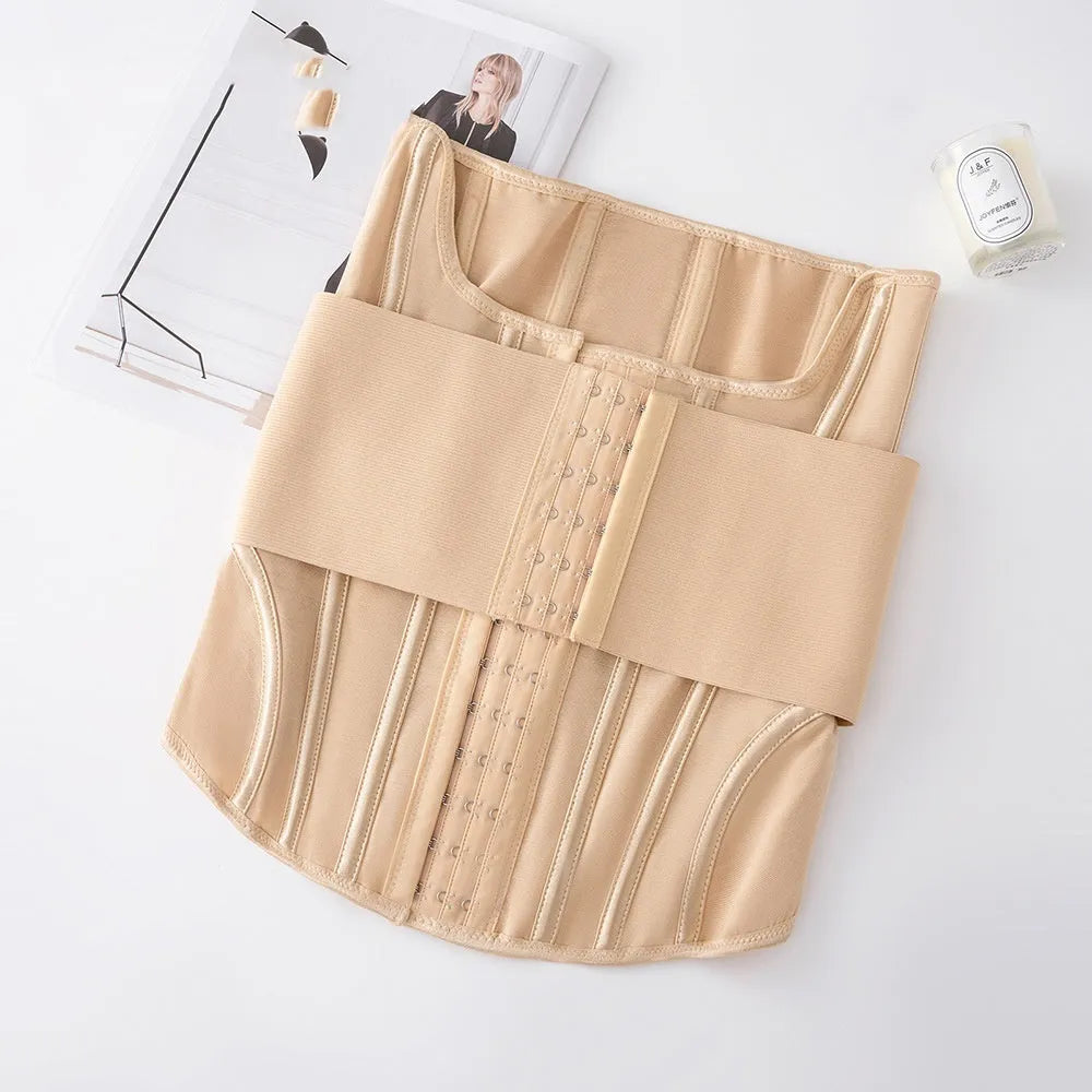 Nylon belly band waist trainer in black or apricot colour with belt tie closure