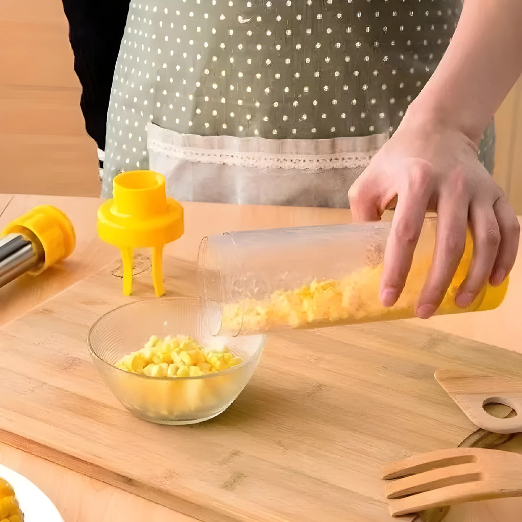 Yellow cylindrical corn stripper with ABS plastic body and stainless steel mechanism