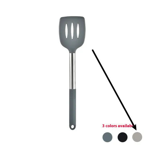 12 piece silicone kitchenware set with rotating storage bucket containing ladle spatula and clips