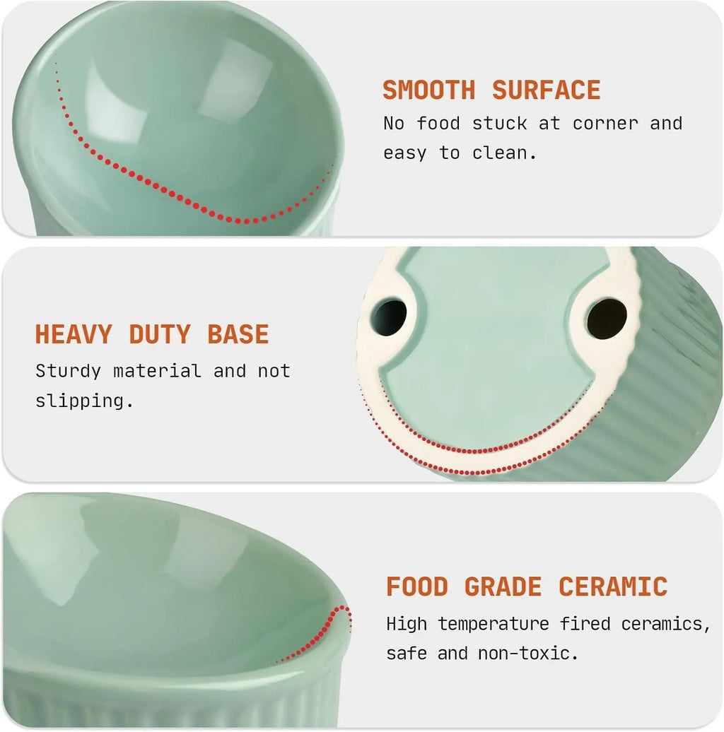 Ceramic raised cat bowl with tilted design in green colour on wooden surface