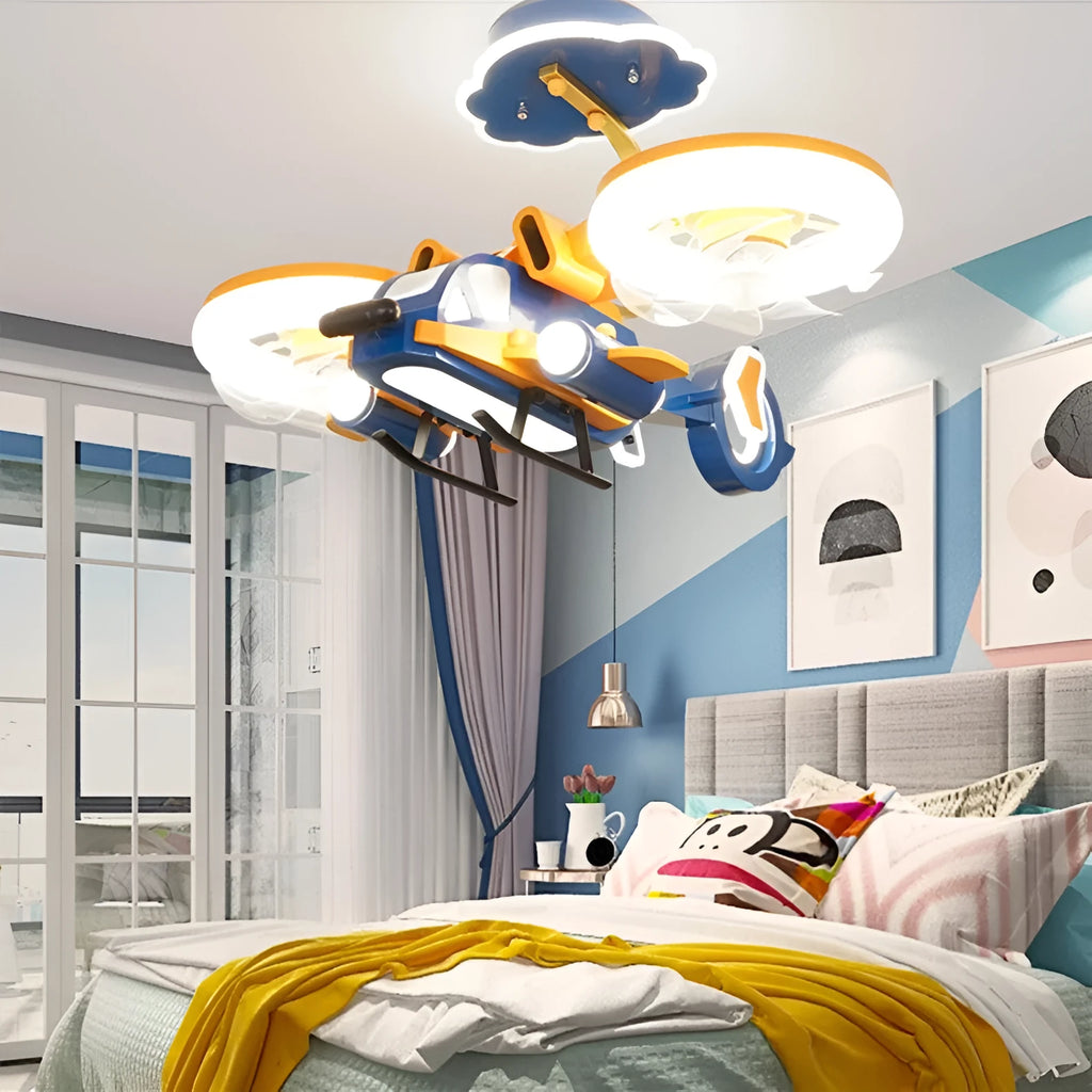 Smart Fighter Boy large room bedroom fan light with metal blades and acrylic lampshade in yellow and blue