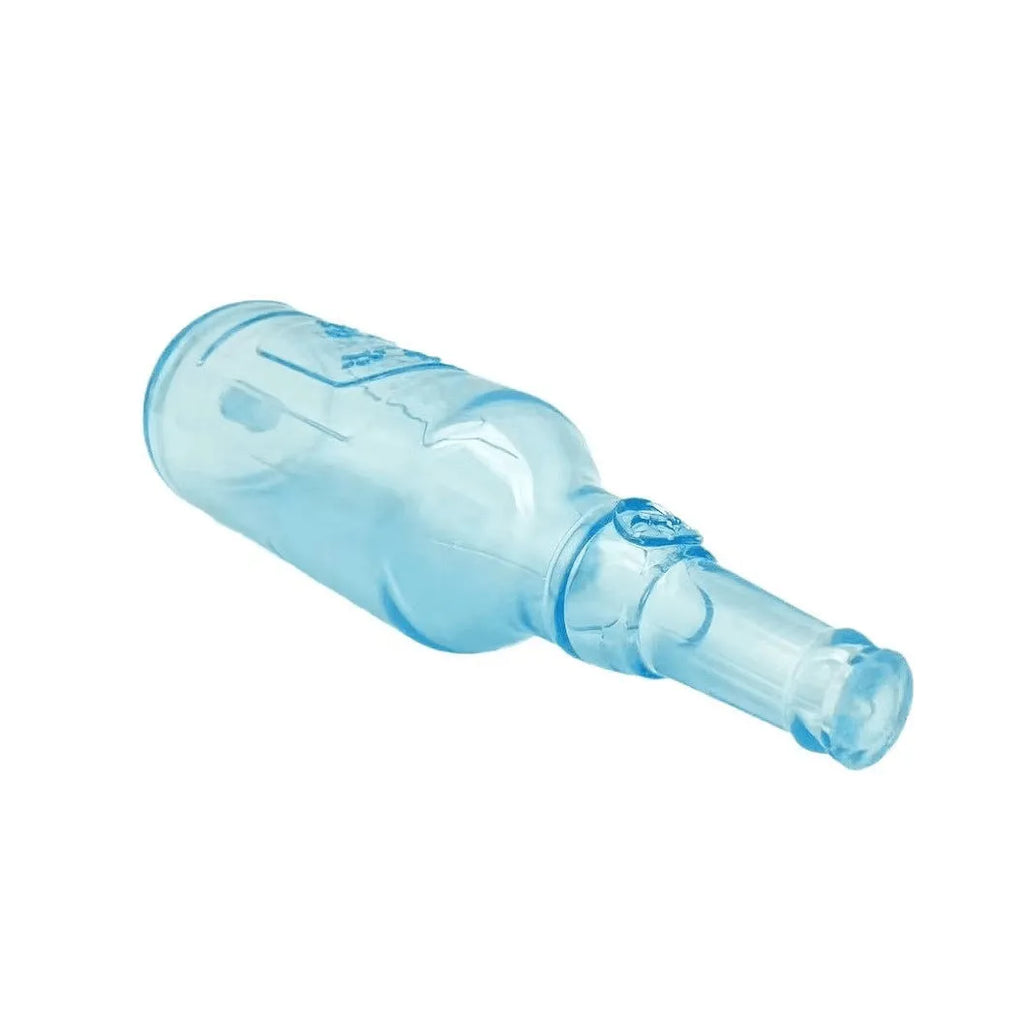 Water bottle dog toy in blue colour with squeaker at tail and internal tennis ball for interactive play