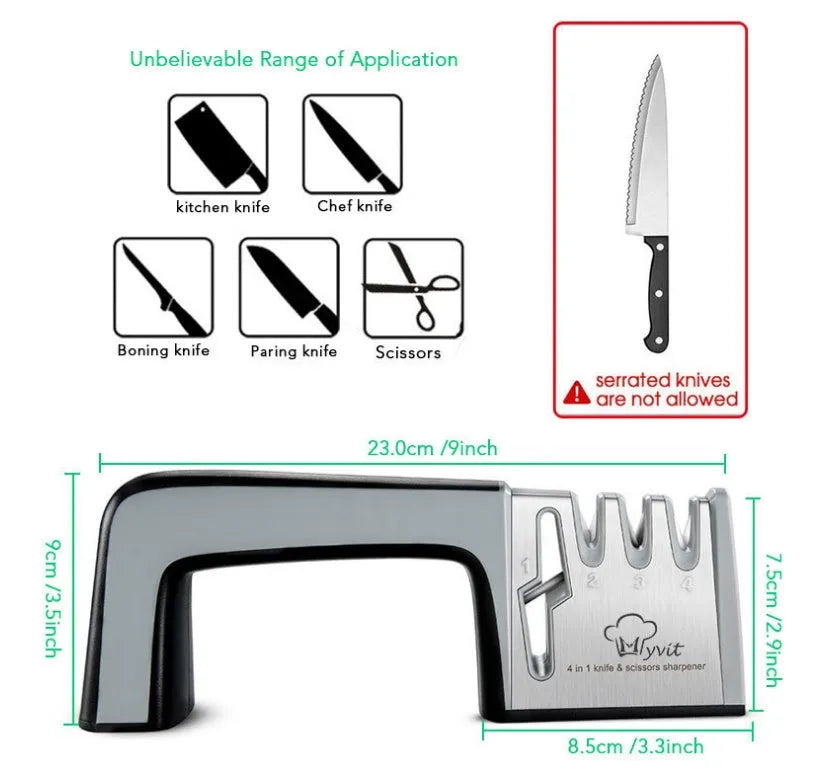 4-in-1 kitchen knife sharpener with multiple slots, black and cyan plastic and stainless steel body on a countertop
