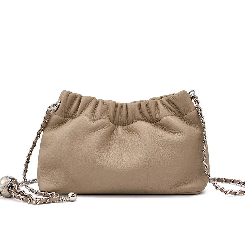 Women's genuine leather chain crossbody bag in soft dumpling shape with phone pocket, beige colour option