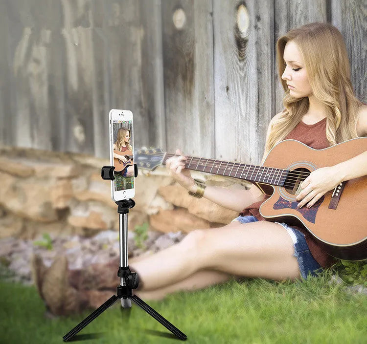 Bluetooth tripod selfie stand with 360° clip and anodised aluminium rod, extended as tripod
