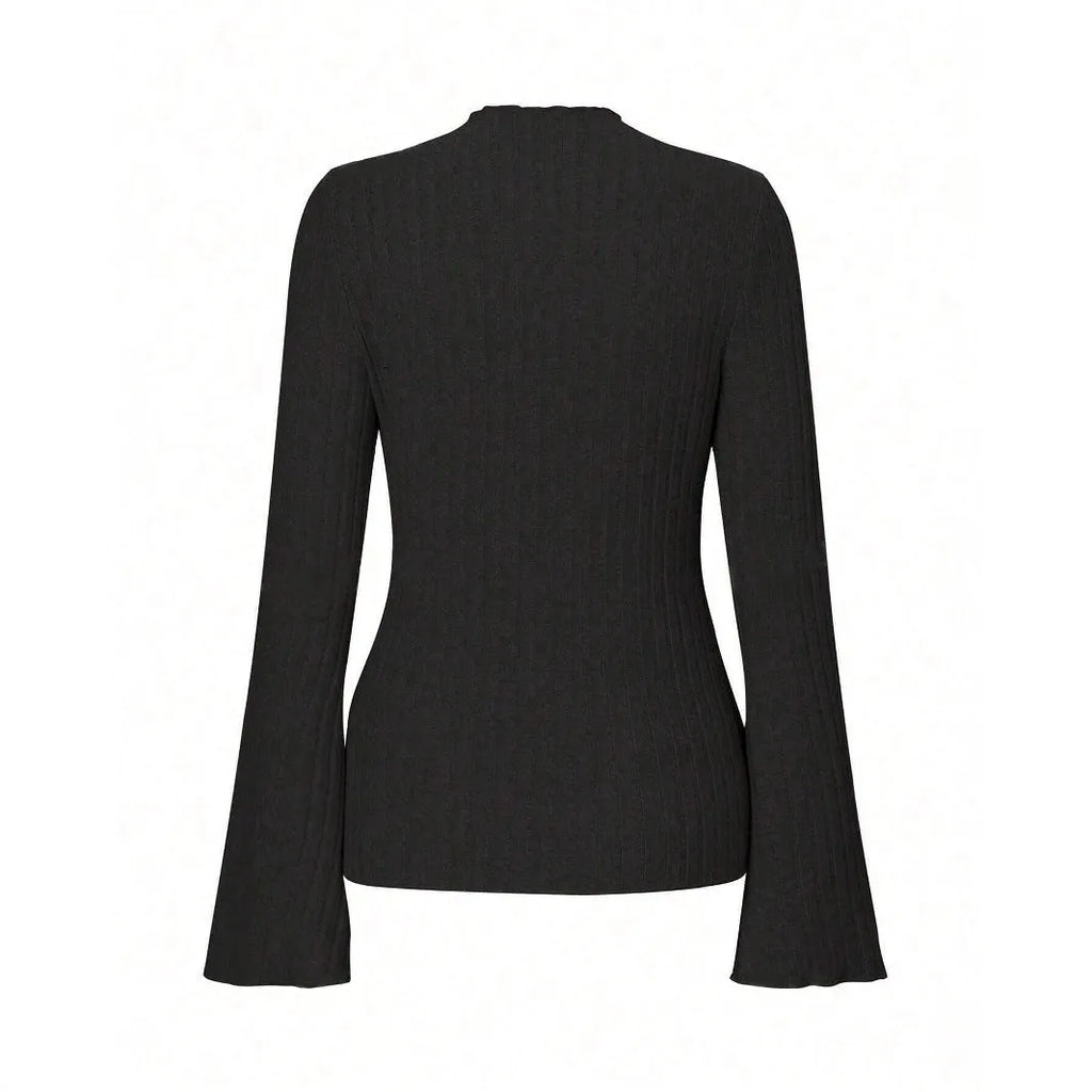 Long sleeve round neck top with lantern sleeves in black colour, loose fit casual styling