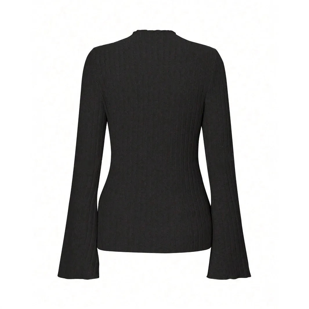 Long sleeve round neck top with lantern sleeves in black colour, loose fit casual styling