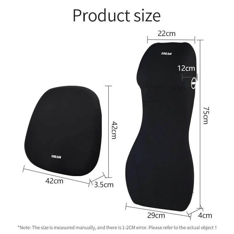 Black memory foam automotive waist cushion and headrest lumbar support pillow set on a car seat.