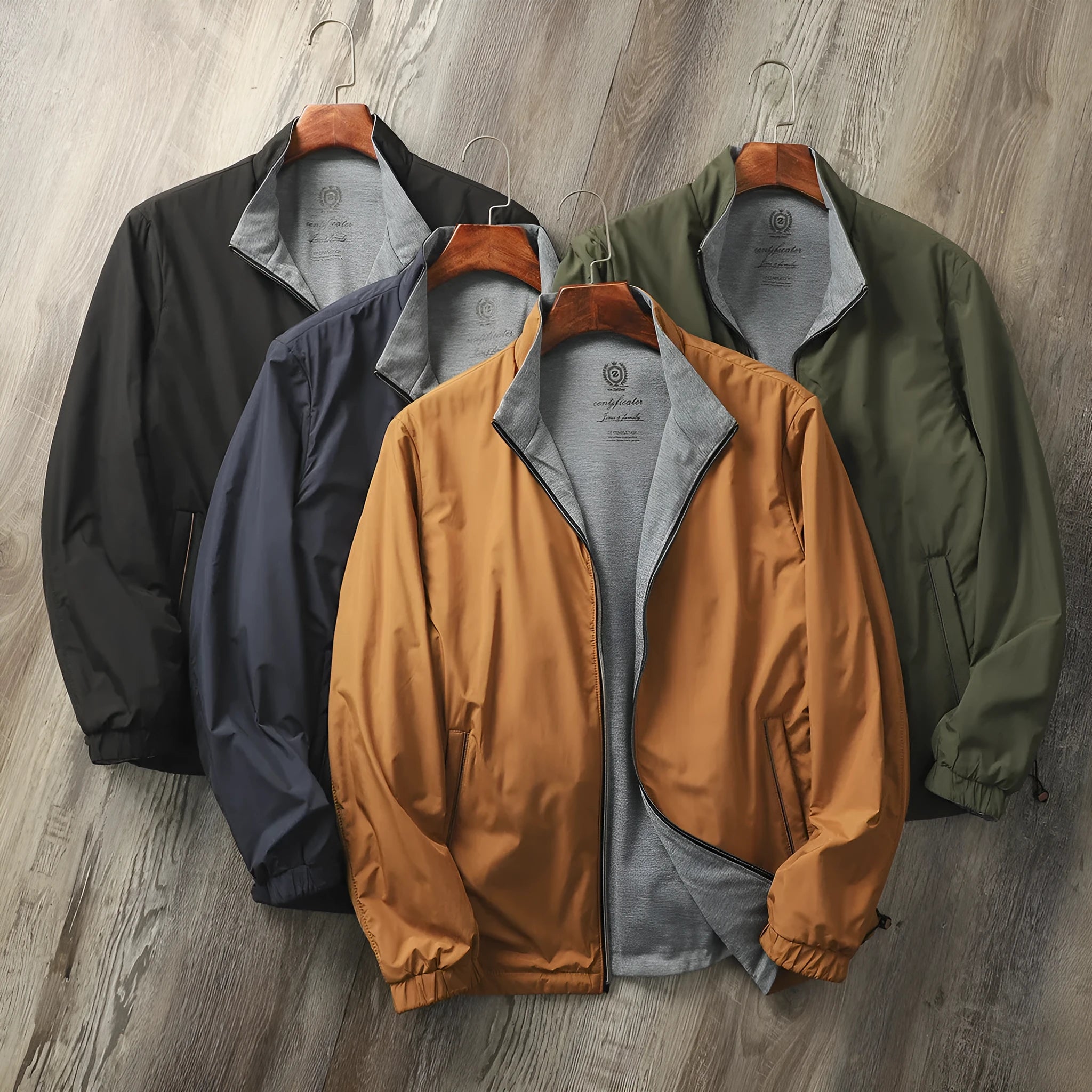 Men's stand collar casual jacket in blue, shown on a model.