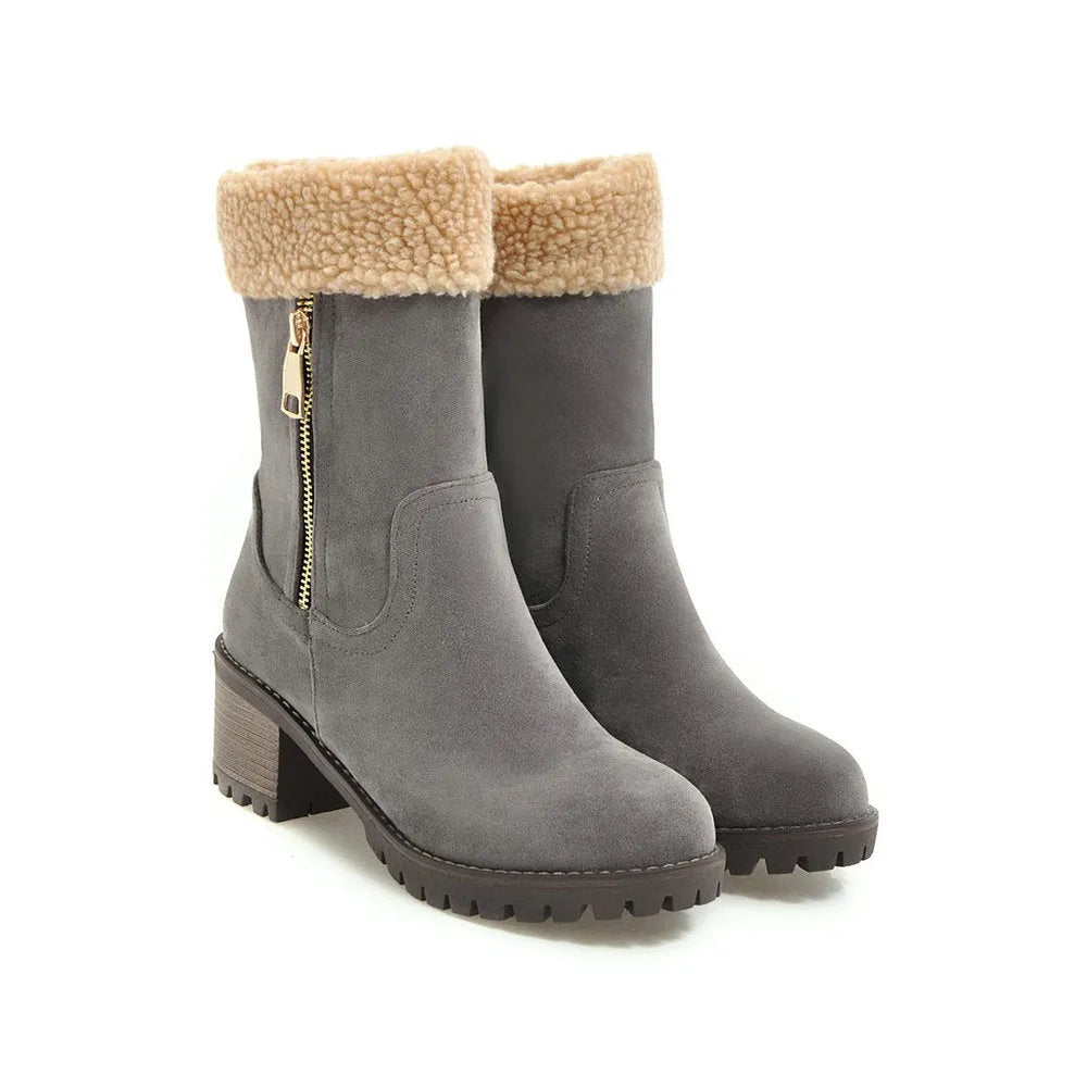 Ankle-high snow boots with a rubber sole and plush lining, shown in black, grey, green, and orange.