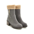 Ankle-high snow boots with a rubber sole and plush lining, shown in black, grey, green, and orange.