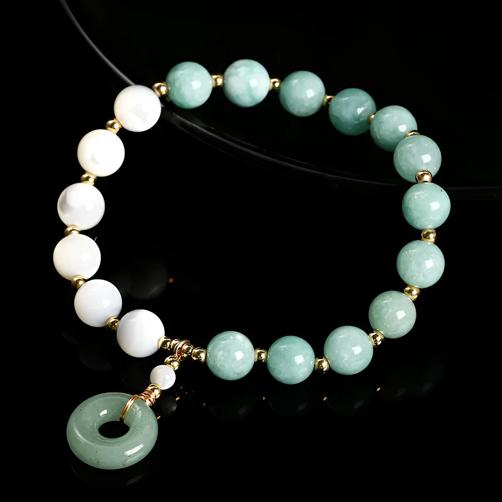 Natural horseshoe screw Burma jade safety buckle bracelet with 8mm round beads and copper clasp