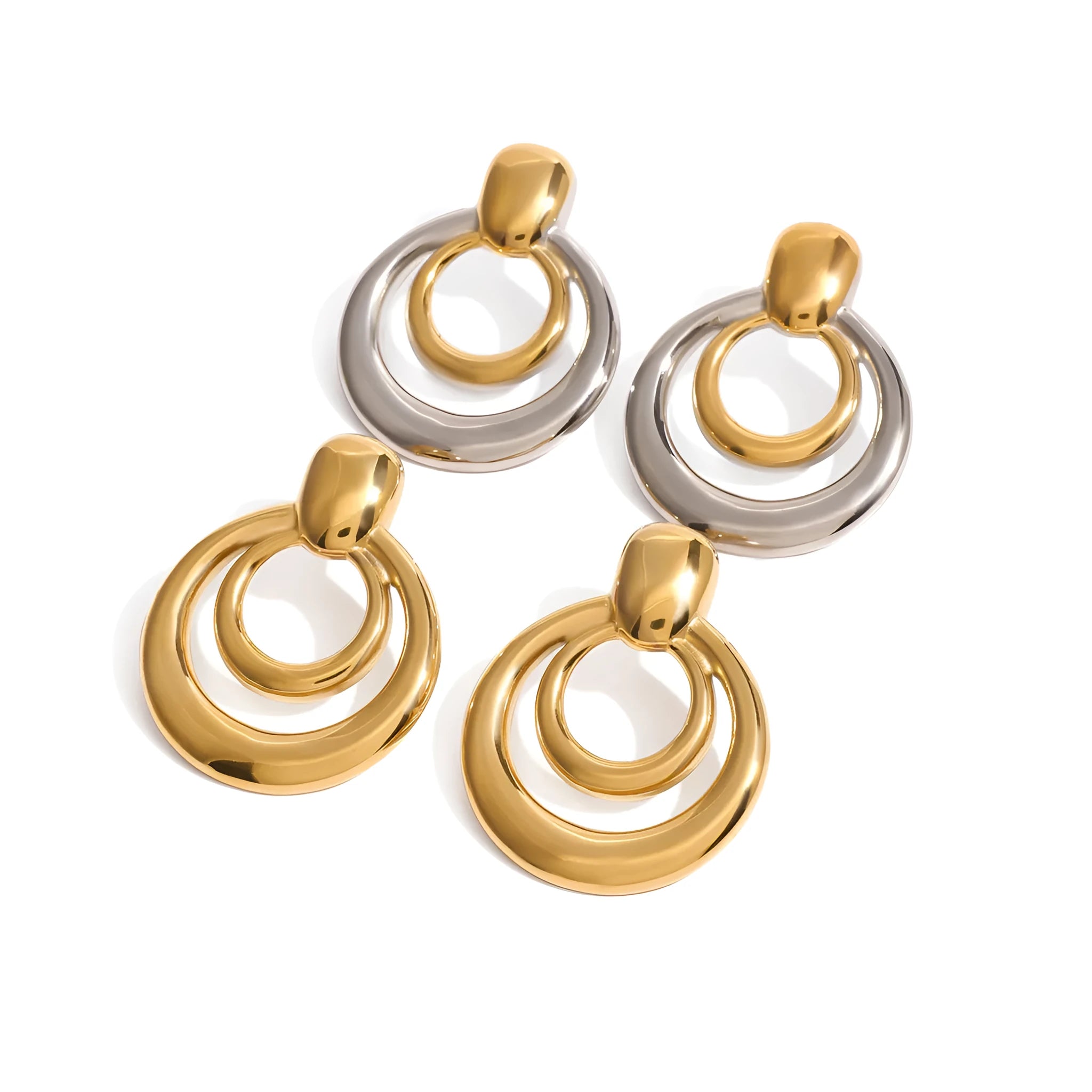 Round double layer hollow stud earrings with electroplated 18K gold finish in golden colour