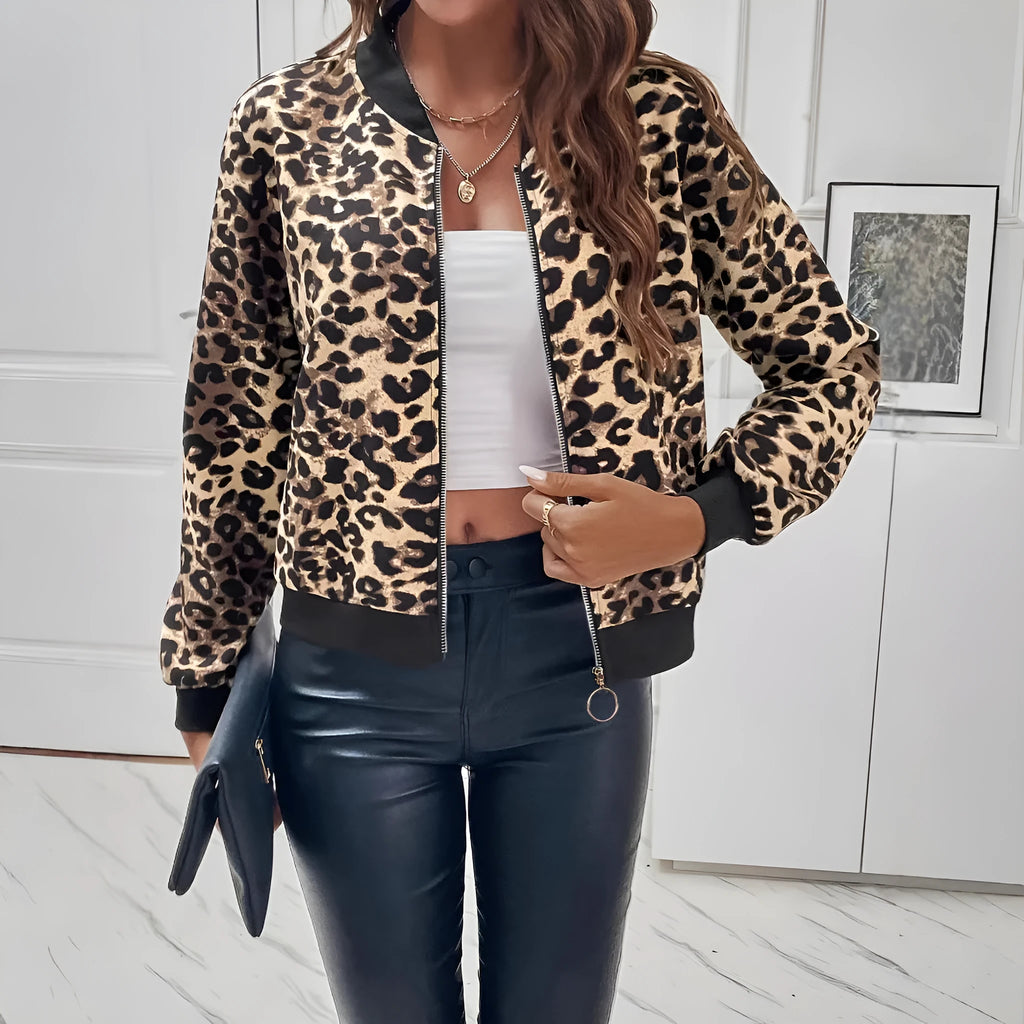 Women's leopard print long sleeve polyester fashion jacket in leopard print, size S to XXL
