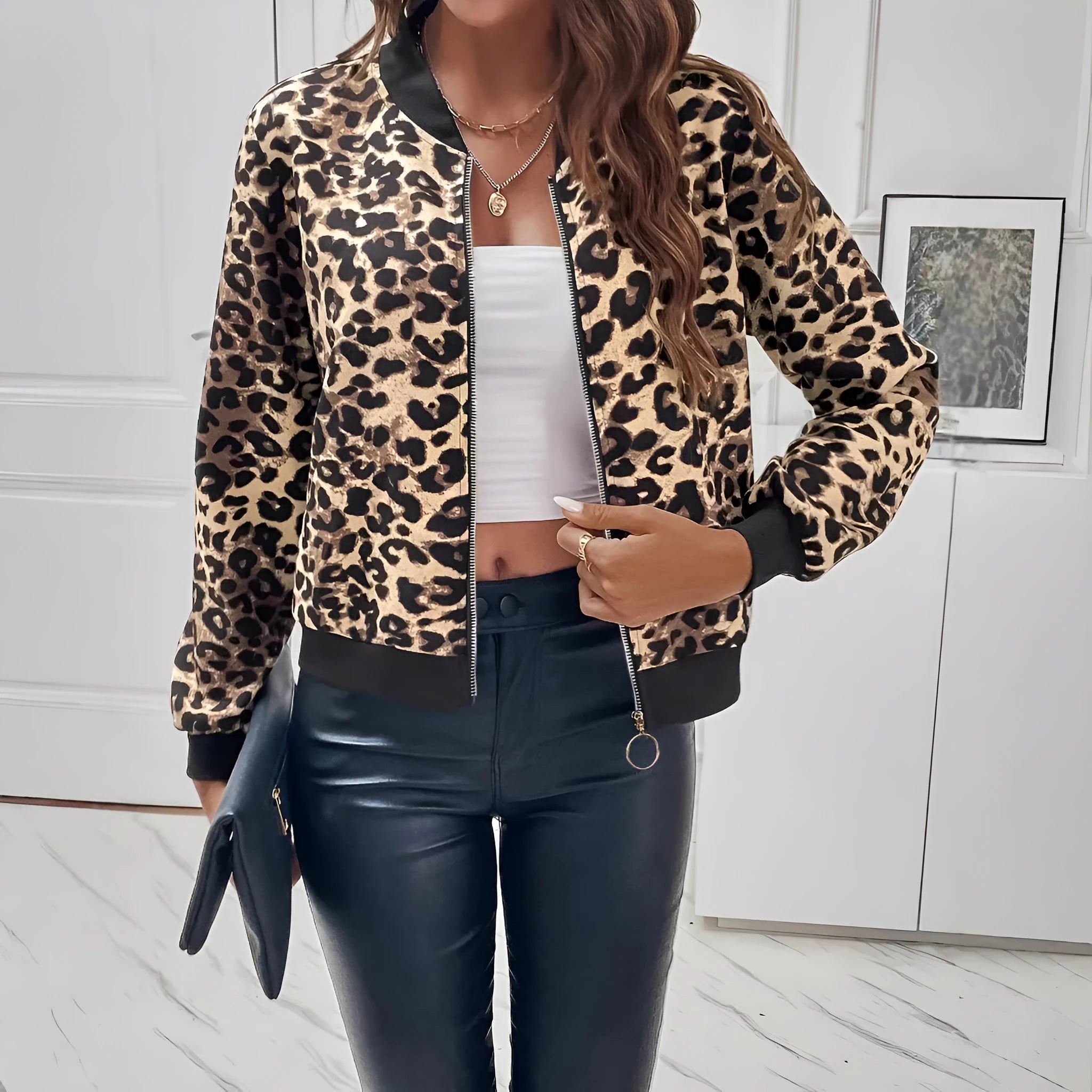 Women's leopard print long sleeve polyester fashion jacket in leopard print, size S to XXL
